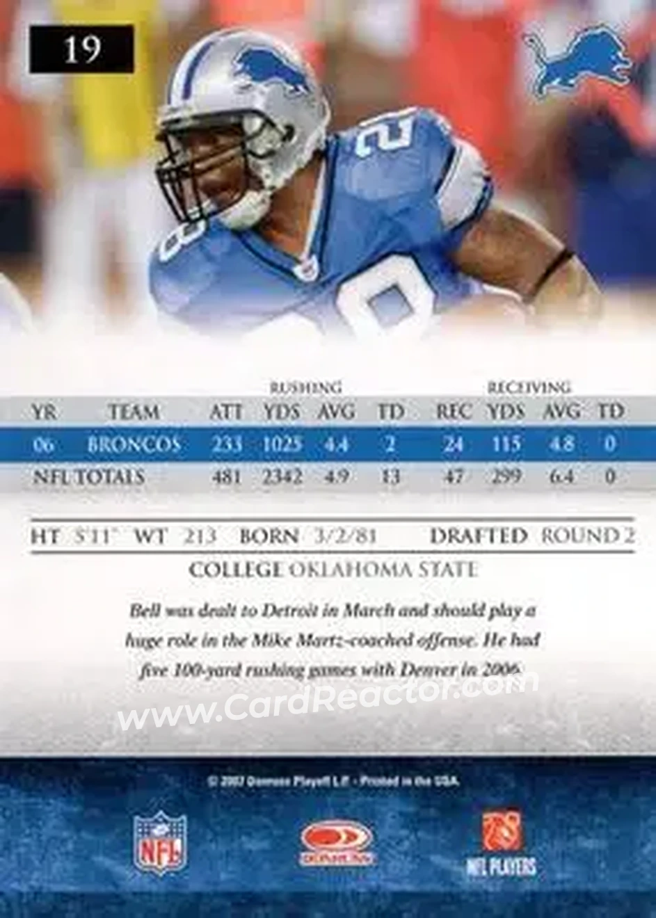 2007 Donruss Gridiron Gear #19 - Tatum Bell - Detroit Lions - Back