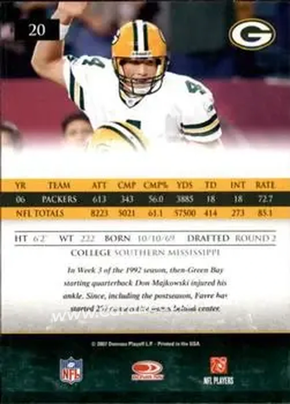 2007 Donruss Gridiron Gear #20 - Brett Favre - Green Bay Packers - Back