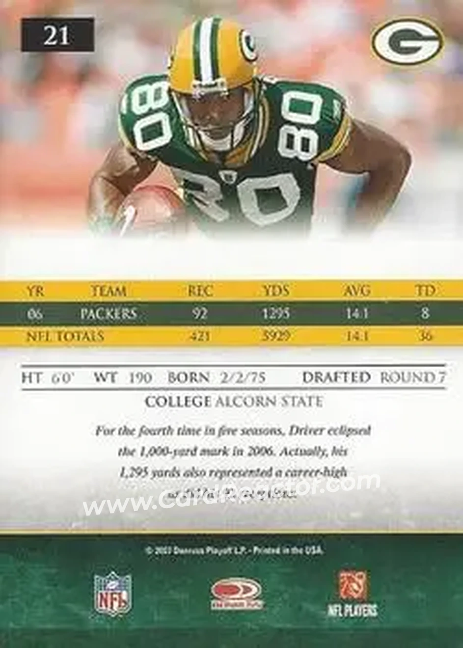 2007 Donruss Gridiron Gear #21 - Donald Driver - Green Bay Packers - Back