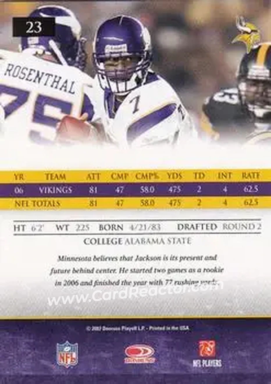2007 Donruss Gridiron Gear #23 - Tarvaris Jackson - Minnesota Vikings - Back 2007 Donruss Gridiron Gear #23 - Tarvaris Jackson - Minnesota Vikings - Back