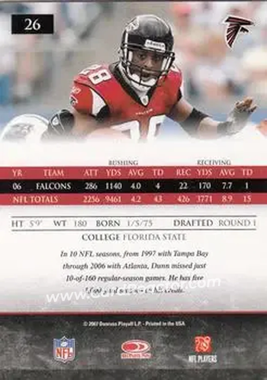 2007 Donruss Gridiron Gear #26 - Warrick Dunn - Atlanta Falcons - Back