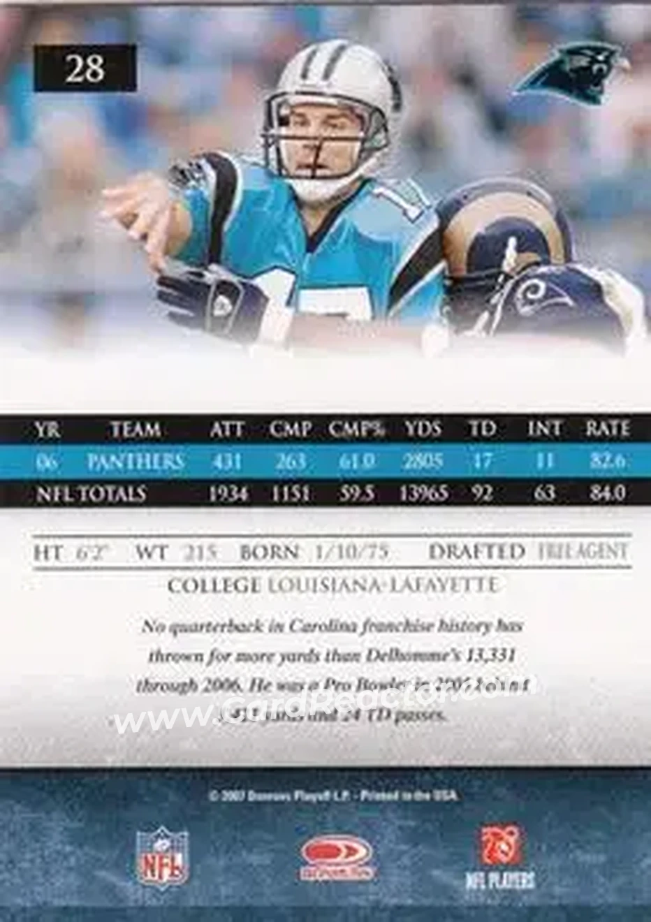 2007 Donruss Gridiron Gear #28 - Jake Delhomme - Carolina Panthers - Back 2007 Donruss Gridiron Gear #28 - Jake Delhomme - Carolina Panthers - Back