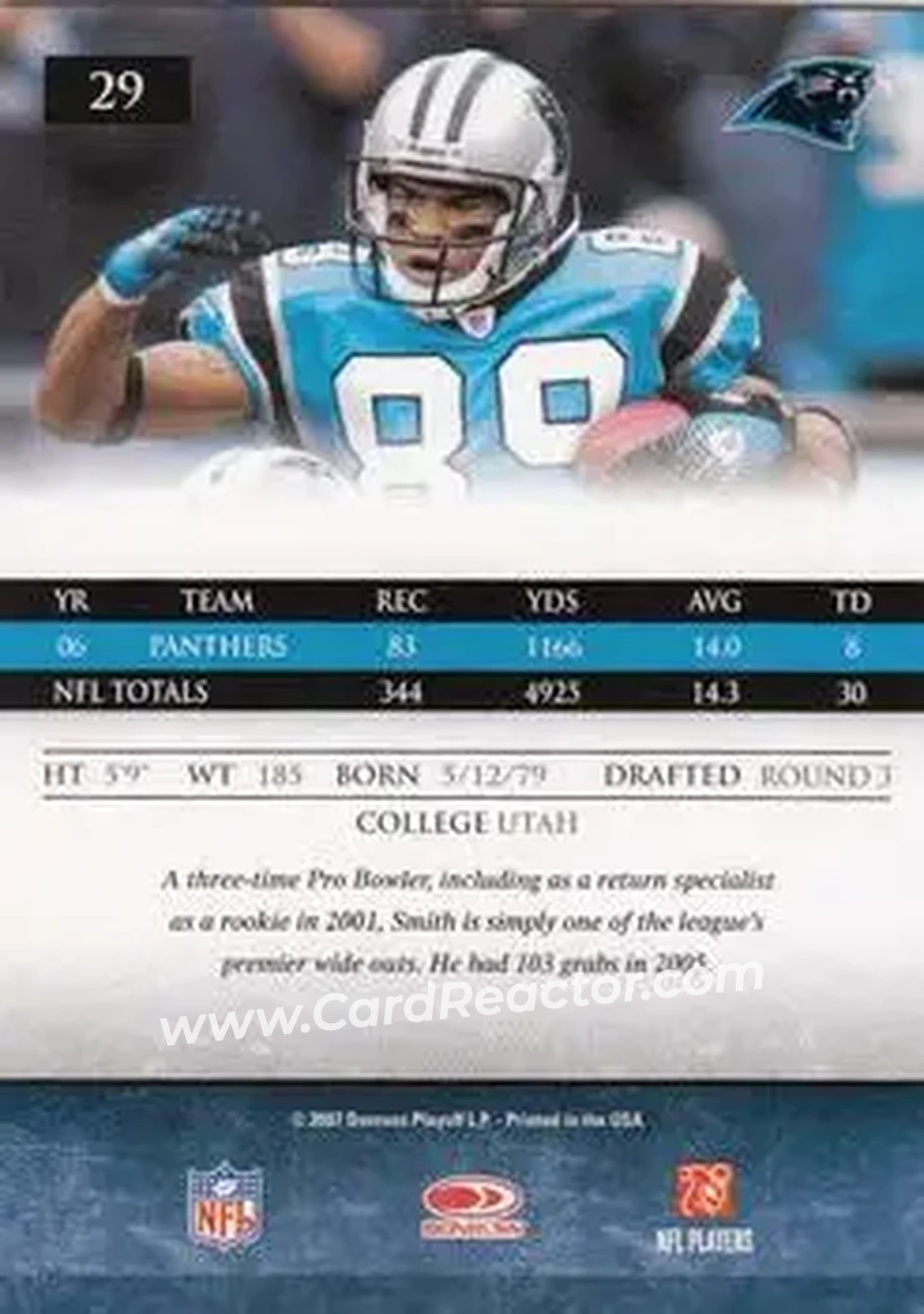 2007 Donruss Gridiron Gear #29 - Steve Smith Sr. - Carolina Panthers - Back 2007 Donruss Gridiron Gear #29 - Steve Smith Sr. - Carolina Panthers - Back
