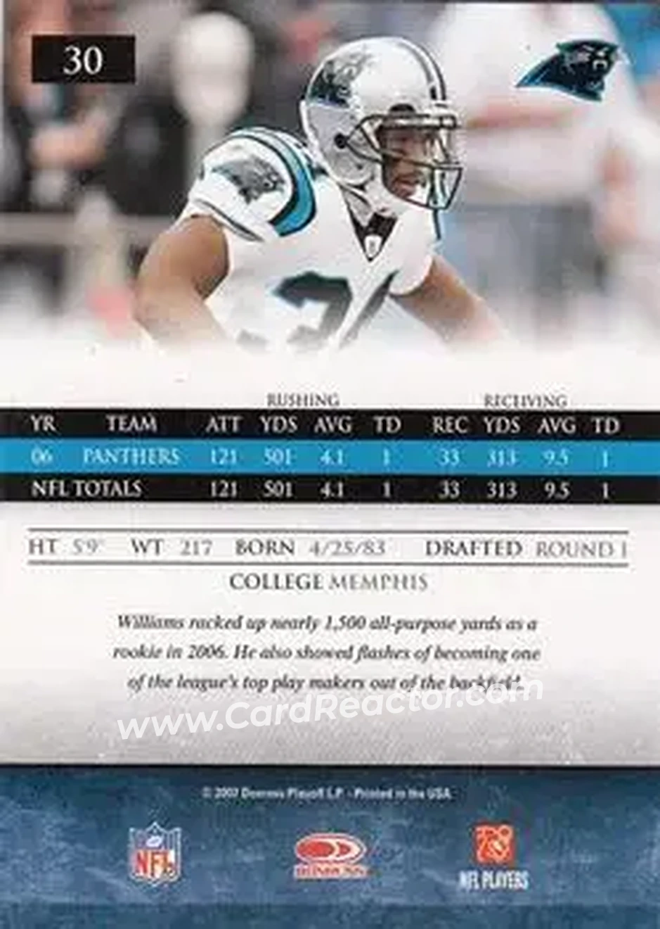 2007 Donruss Gridiron Gear #30 - DeAngelo Williams - Carolina Panthers - Back