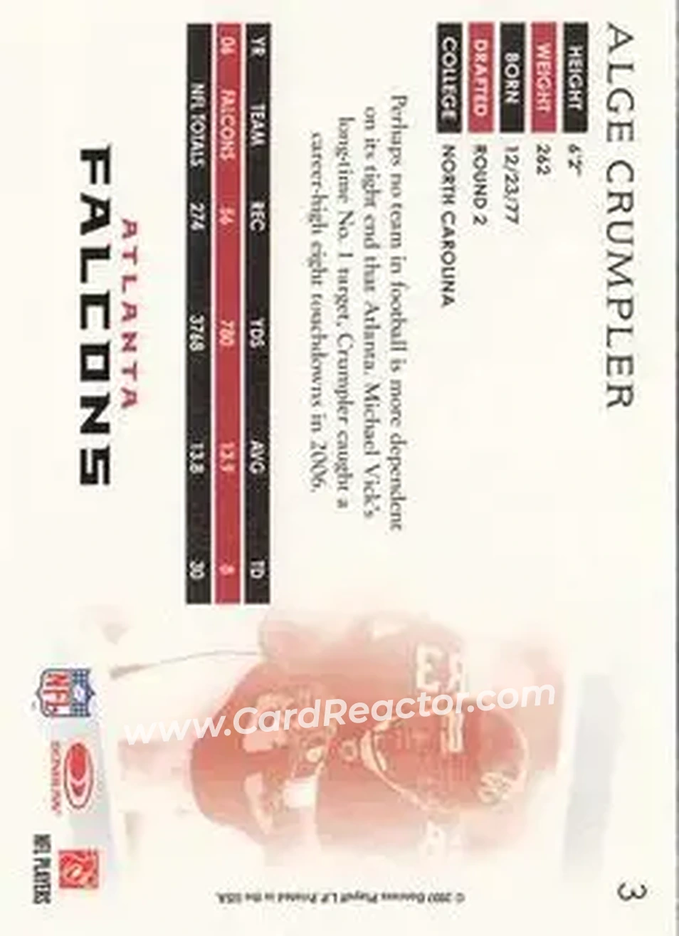 2007 Donruss Threads #3 - Alge Crumpler - Atlanta Falcons - Back