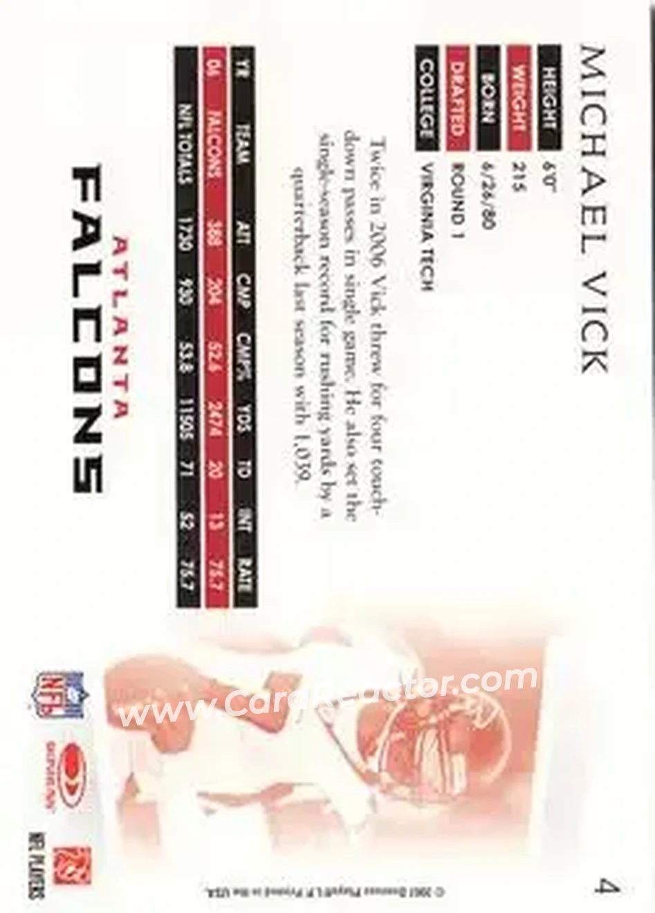 2007 Donruss Threads #4 - Michael Vick - Atlanta Falcons - Back
