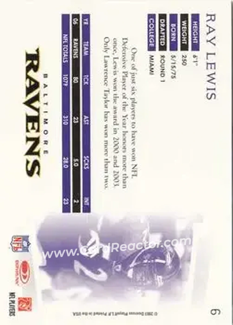 2007 Donruss Threads #6 - Ray Lewis - Baltimore Ravens - Back