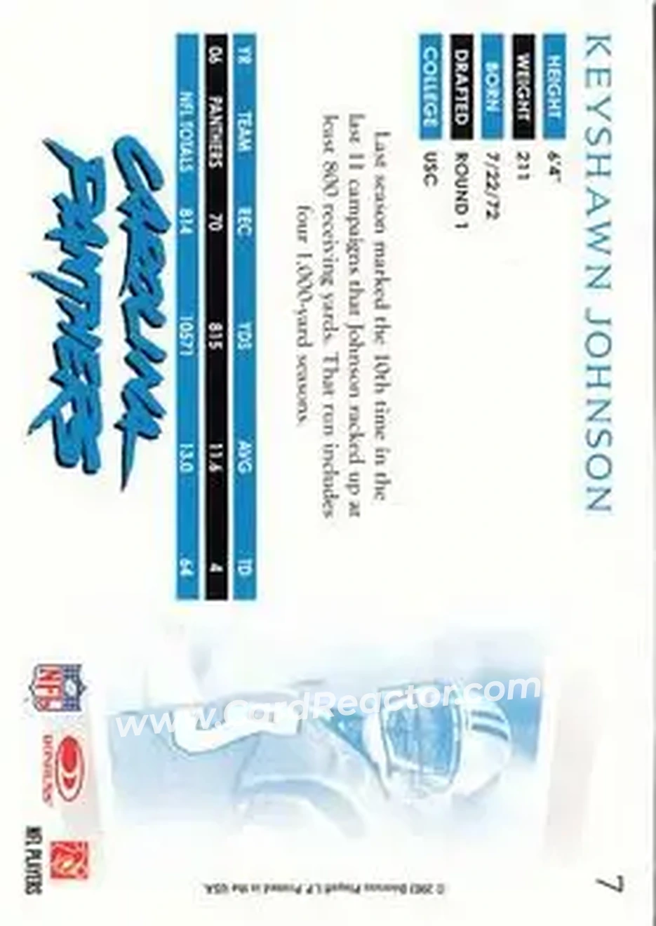 2007 Donruss Threads #7 - Keyshawn Johnson - Carolina Panthers - Back