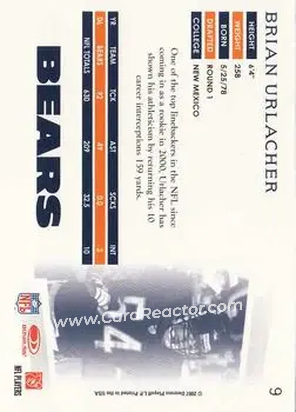 2007 Donruss Threads #9 - Brian Urlacher - Chicago Bears - Back
