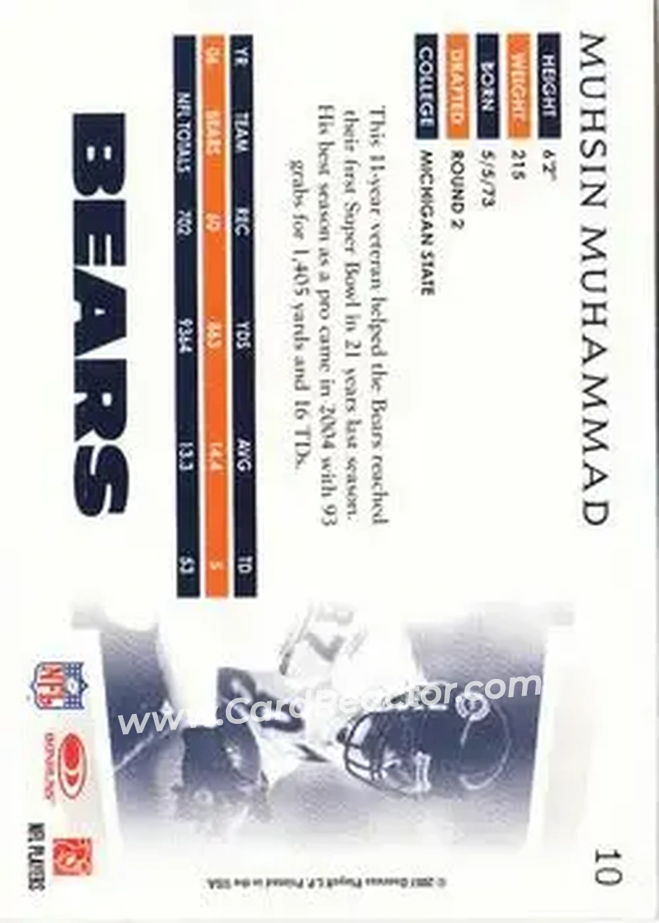 2007 Donruss Threads #10 - Muhsin Muhammad - Chicago Bears - Back