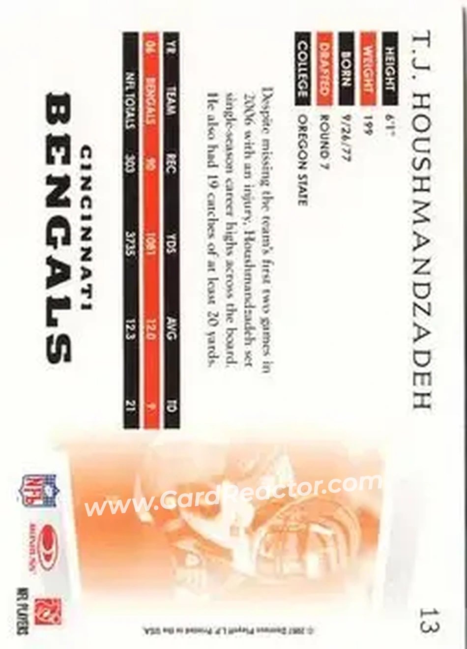 2007 Donruss Threads #13 - T.J. Houshmandzadeh - Cincinnati Bengals - Back