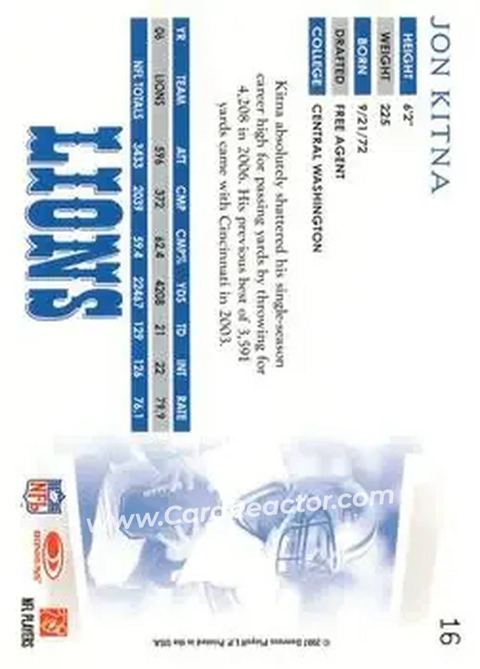 2007 Donruss Threads #16 - Jon Kitna - Detroit Lions - Back