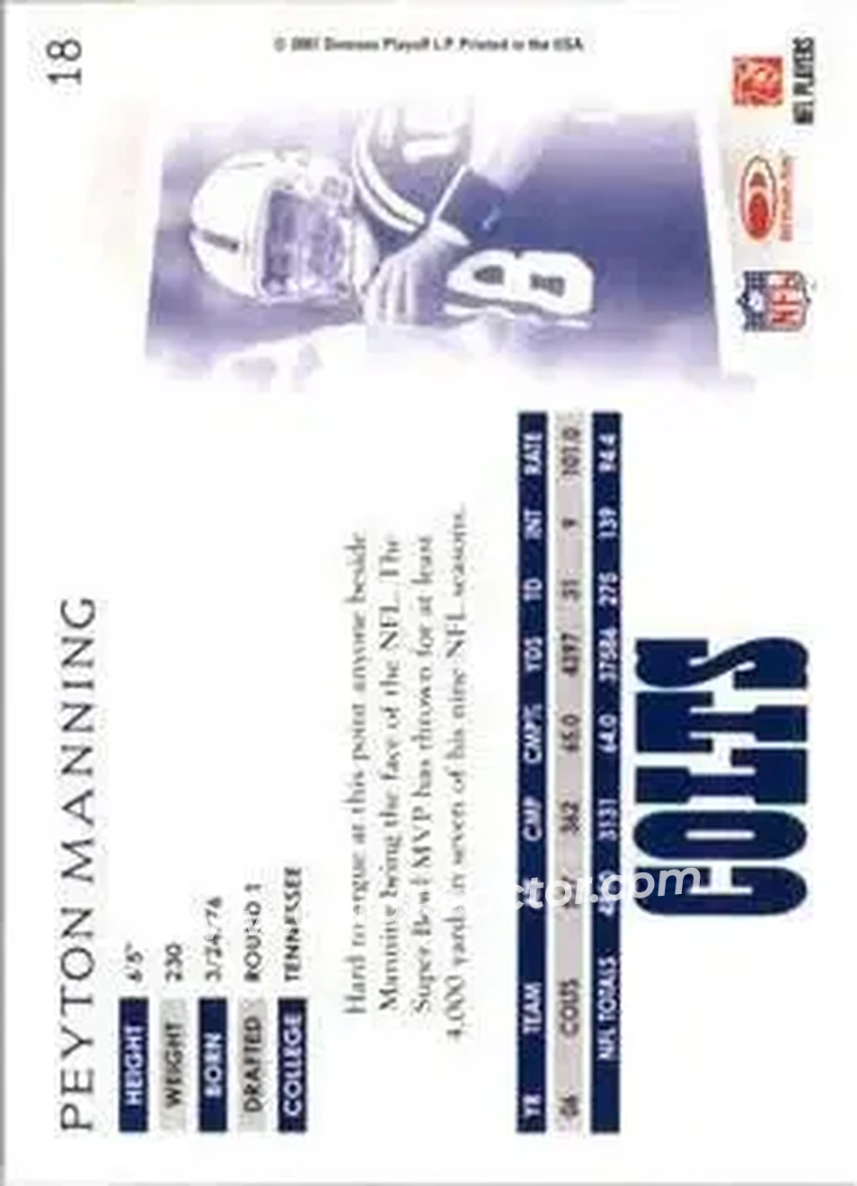 2007 Donruss Threads #18 - Peyton Manning - Indianapolis Colts - Back