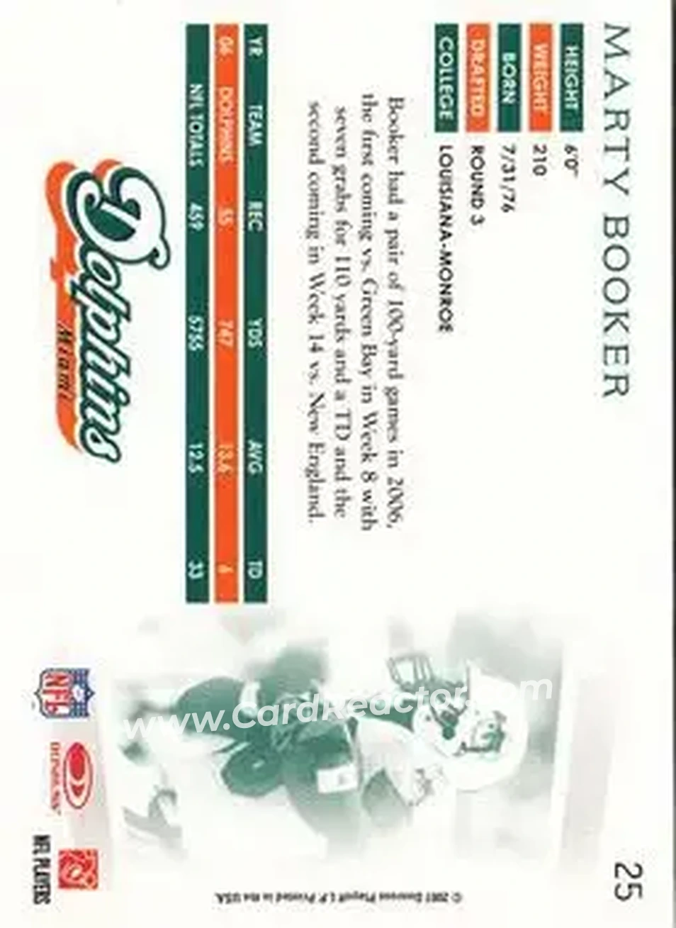 2007 Donruss Threads #25 - Marty Booker - Miami Dolphins - Back