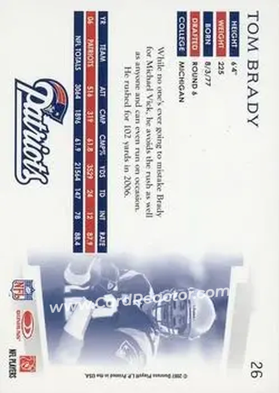 2007 Donruss Threads #26 - Tom Brady - New England Patriots - Back