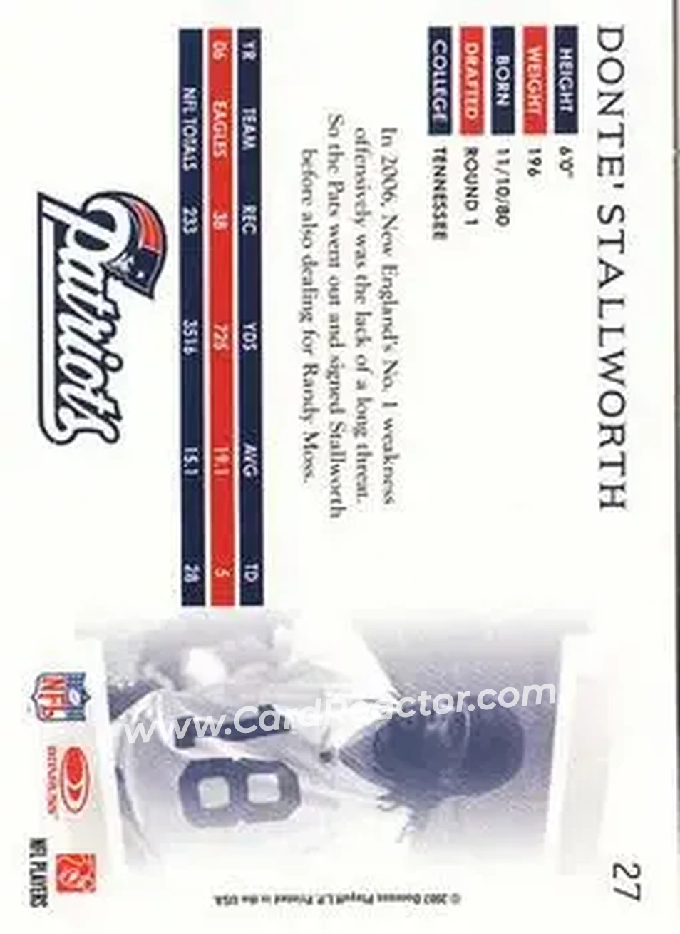 2007 Donruss Threads #27 - Donte Stallworth - New England Patriots - Back