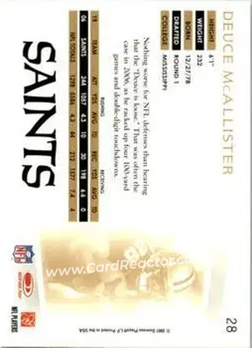 2007 Donruss Threads #28 - Deuce McAllister - New Orleans Saints - Back