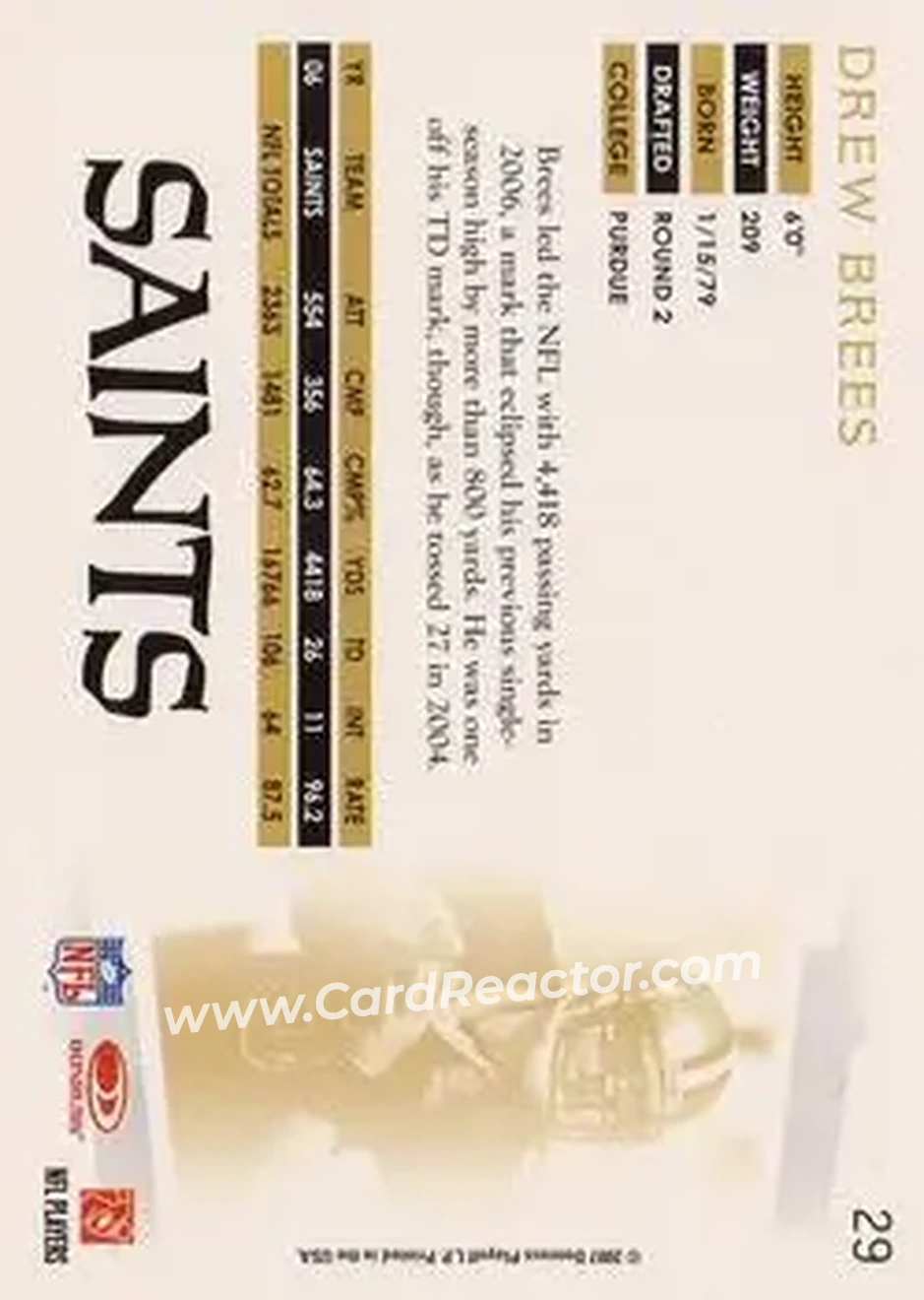 2007 Donruss Threads #29 - Drew Brees - New Orleans Saints - Back