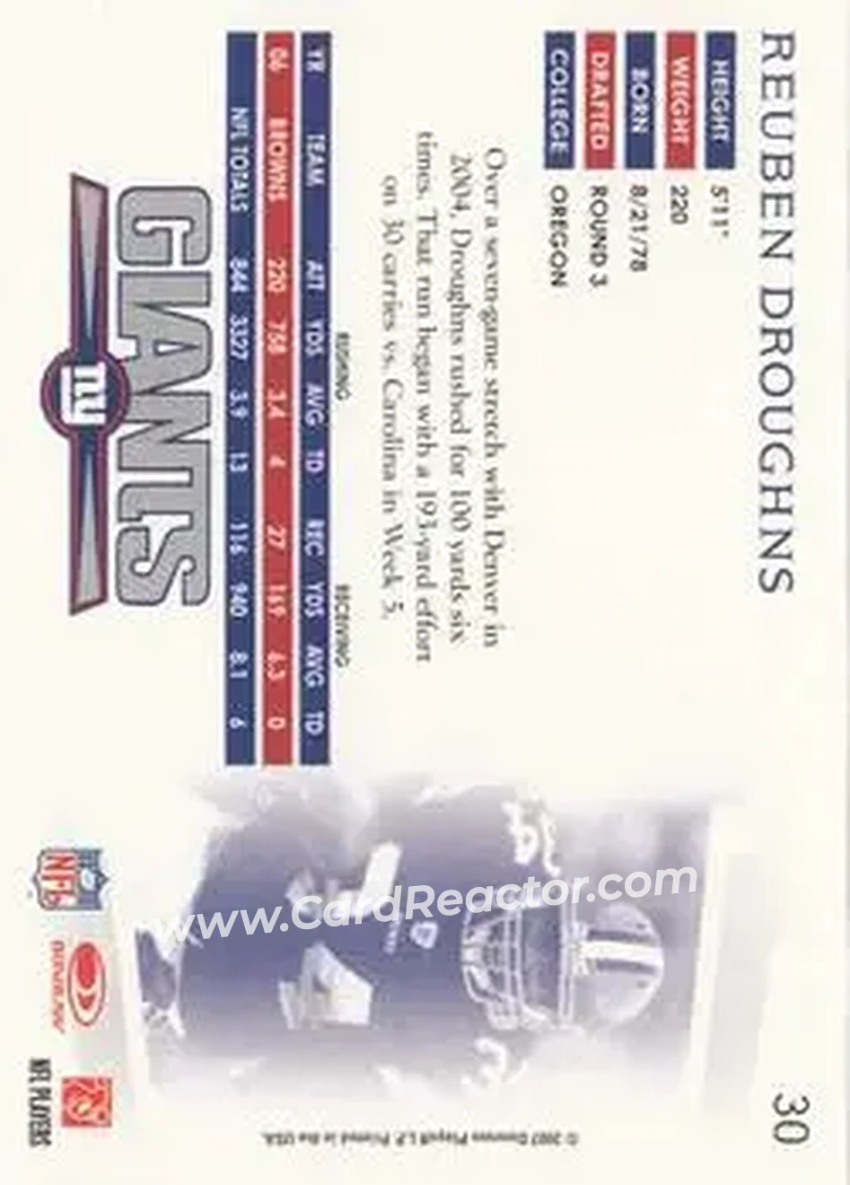 2007 Donruss Threads #30 - Reuben Droughns - New York Giants - Back