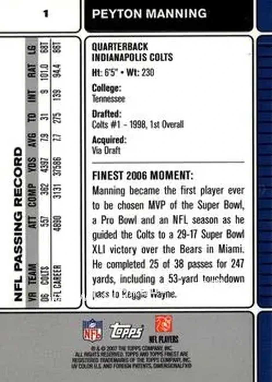 2007 Finest #1 - Peyton Manning - Indianapolis Colts - Back
