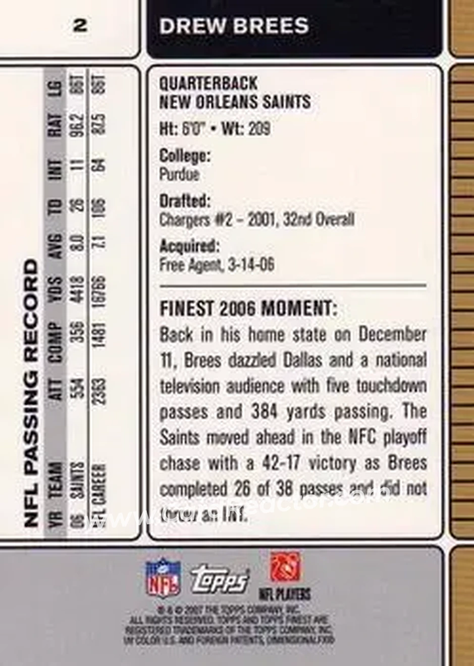 2007 Finest #2 - Drew Brees - New Orleans Saints - Back