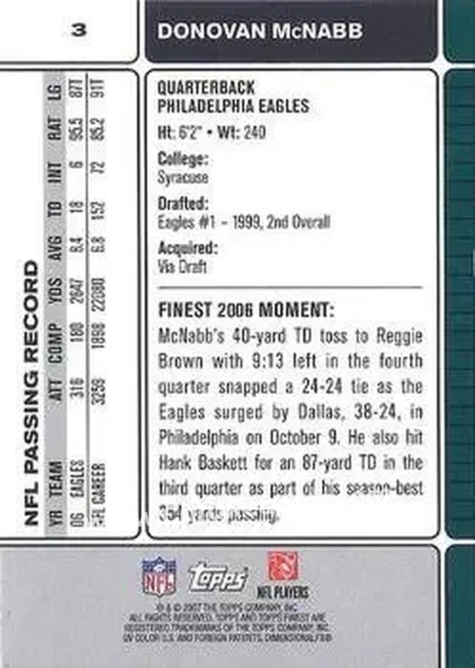 2007 Finest #3 - Donovan McNabb - Philadelphia Eagles - Back