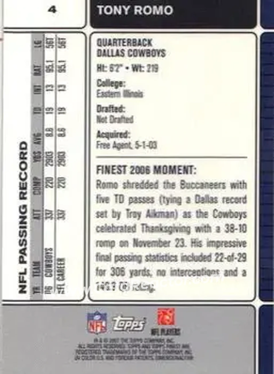 2007 Finest #4 - Tony Romo - Dallas Cowboys - Back