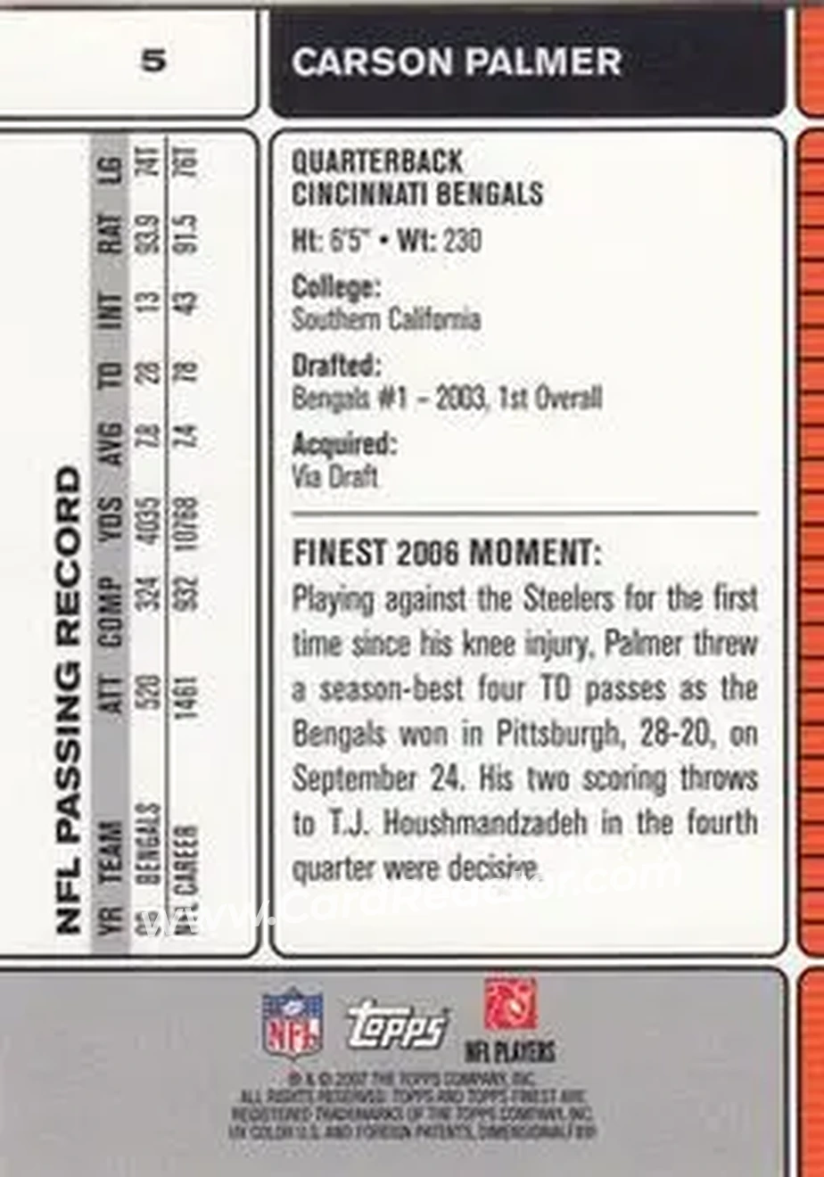2007 Finest #5 - Carson Palmer - Cincinnati Bengals - Back