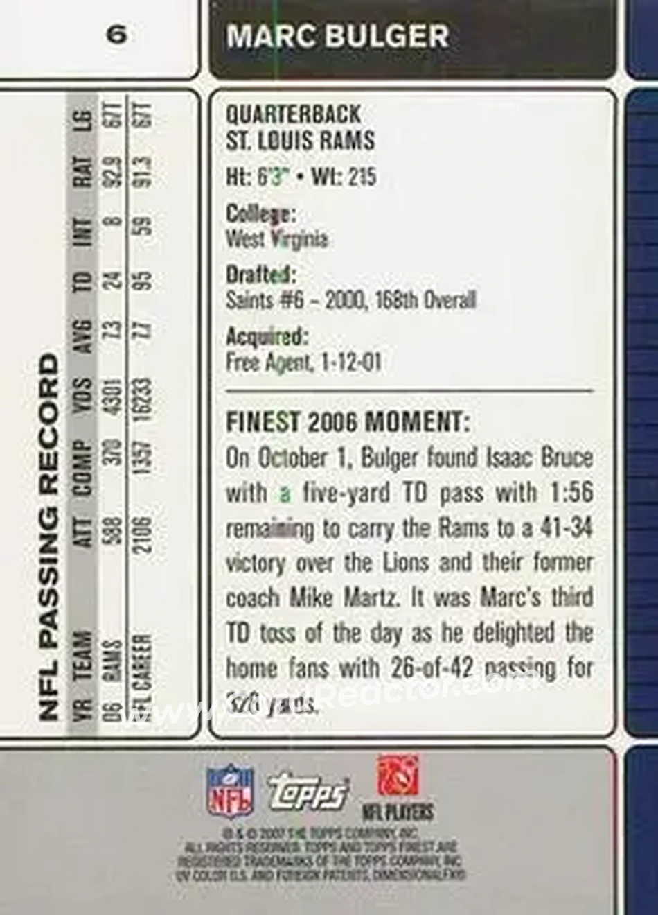 2007 Finest #6 - Marc Bulger - St. Louis Rams - Back