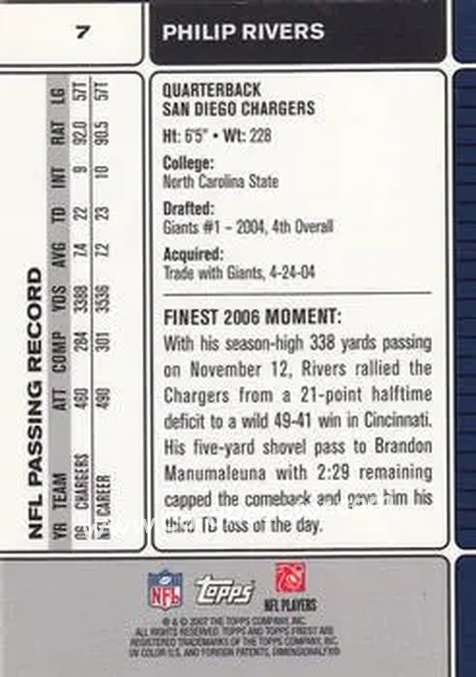 2007 Finest #7 - Philip Rivers - San Diego Chargers - Back