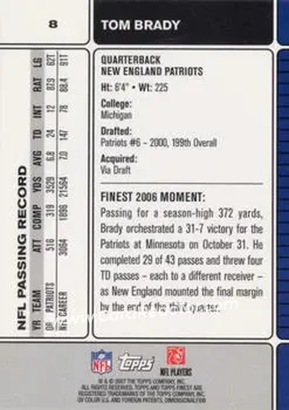 2007 Finest #8 - Tom Brady - New England Patriots - Back