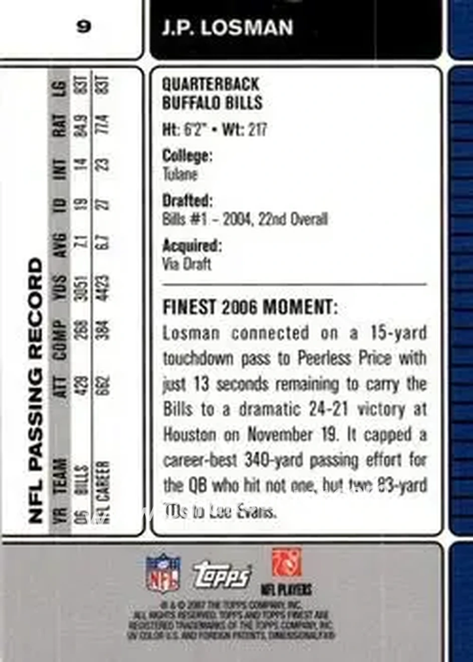 2007 Finest #9 - J.P. Losman - Buffalo Bills - Back