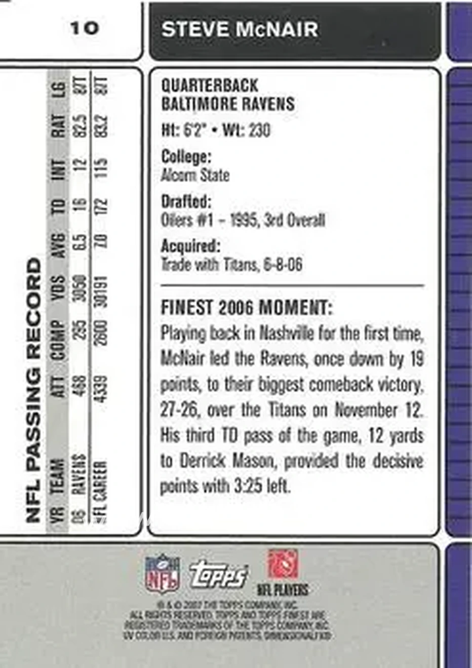 2007 Finest #10 - Steve McNair - Baltimore Ravens - Back