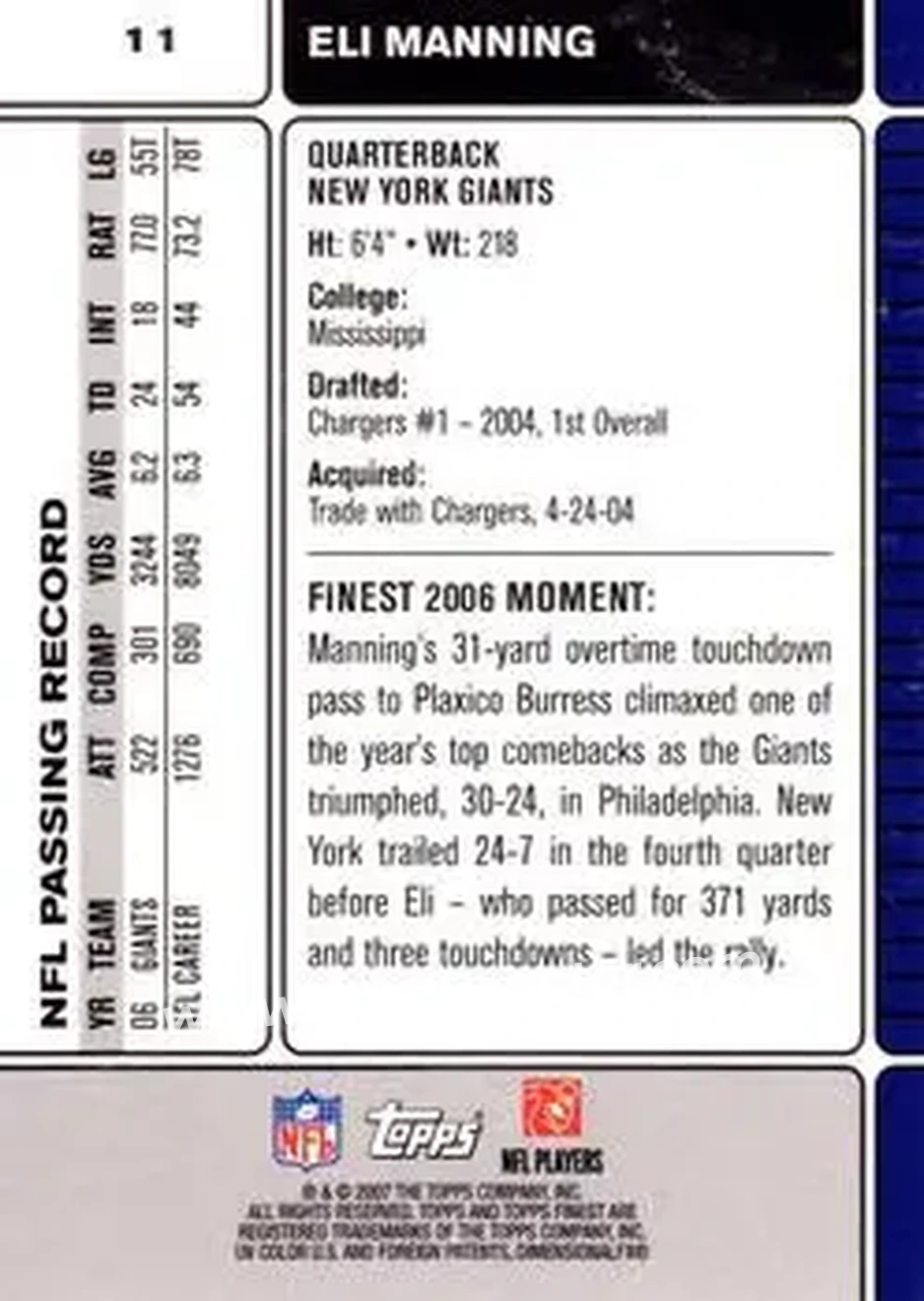 2007 Finest #11 - Eli Manning - New York Giants - Back