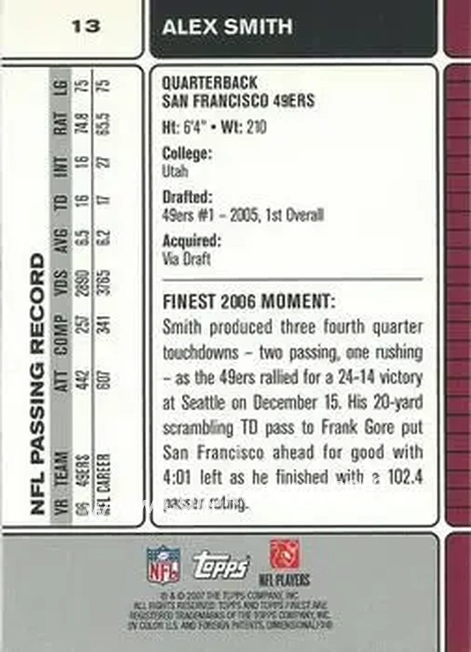 2007 Finest #13 - Alex Smith - San Francisco 49ers - Back