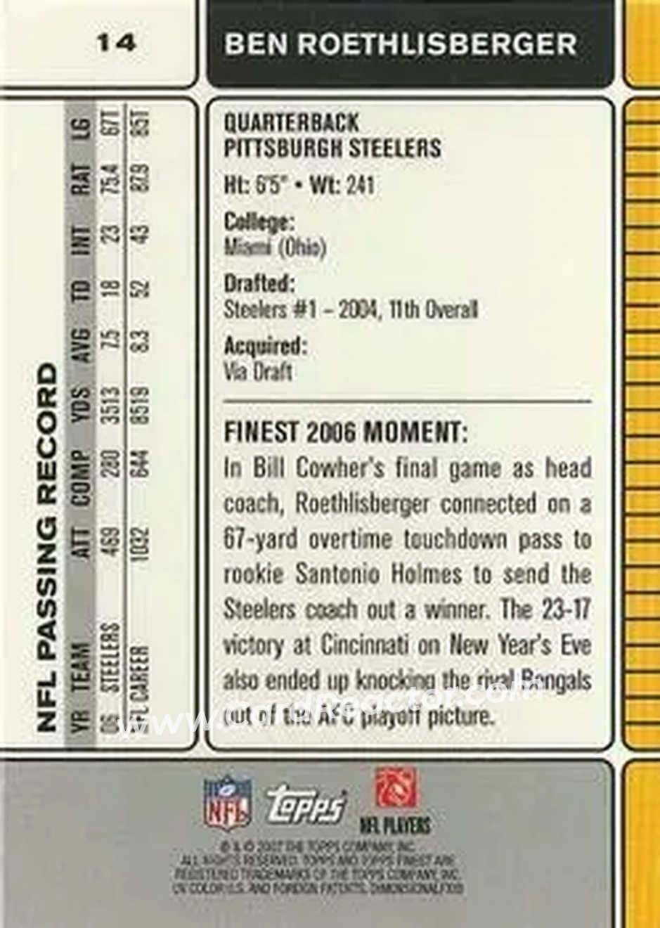 2007 Finest #14 - Ben Roethlisberger - Pittsburgh Steelers - Back