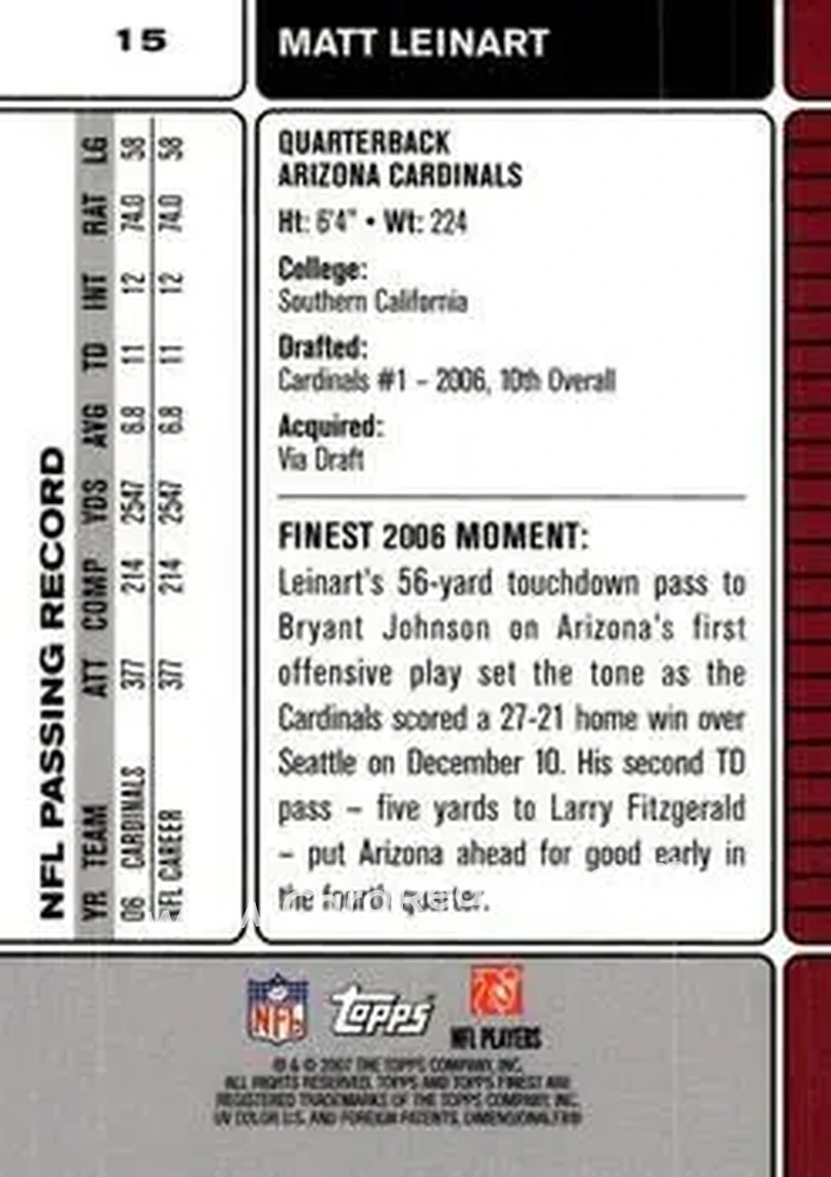 2007 Finest #15 - Matt Leinart - Arizona Cardinals - Back