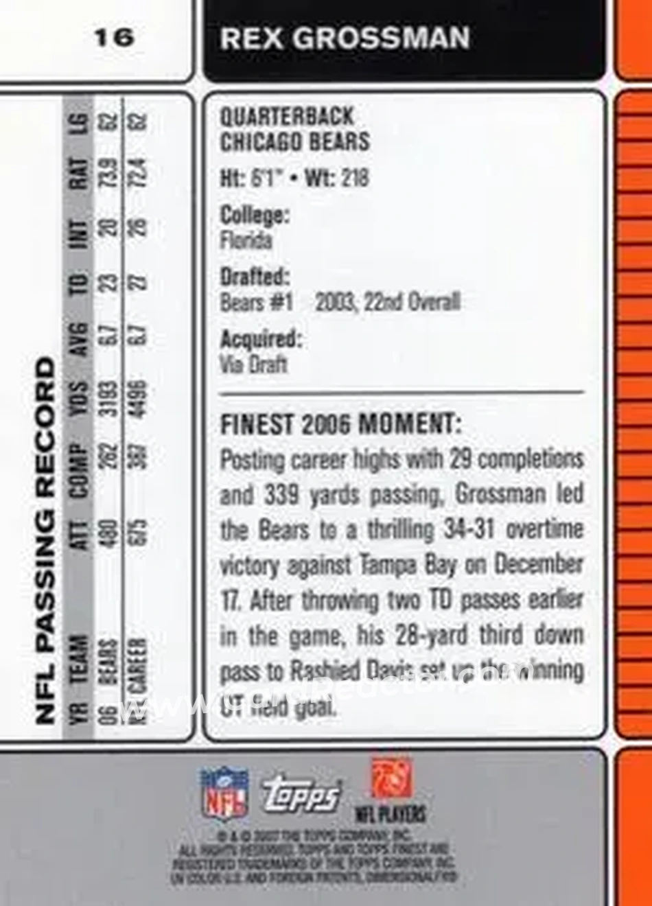 2007 Finest #16 - Rex Grossman - Chicago Bears - Back
