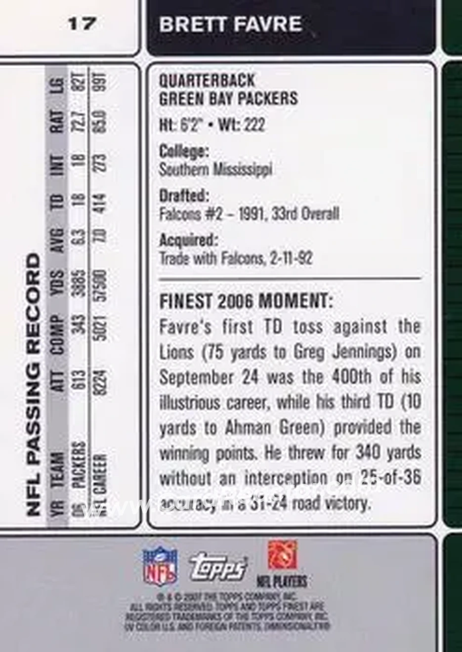 2007 Finest #17 - Brett Favre - Green Bay Packers - Back