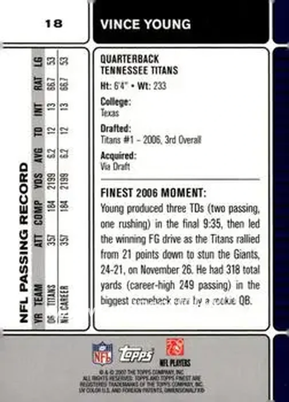2007 Finest #18 - Vince Young - Tennessee Titans - Back