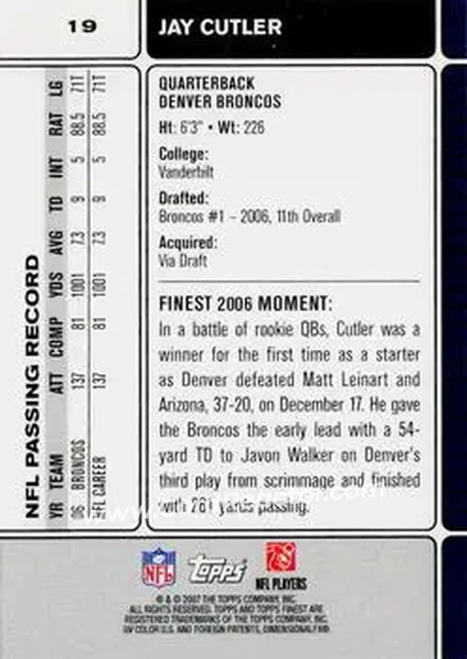 2007 Finest #19 - Jay Cutler - Denver Broncos - Back