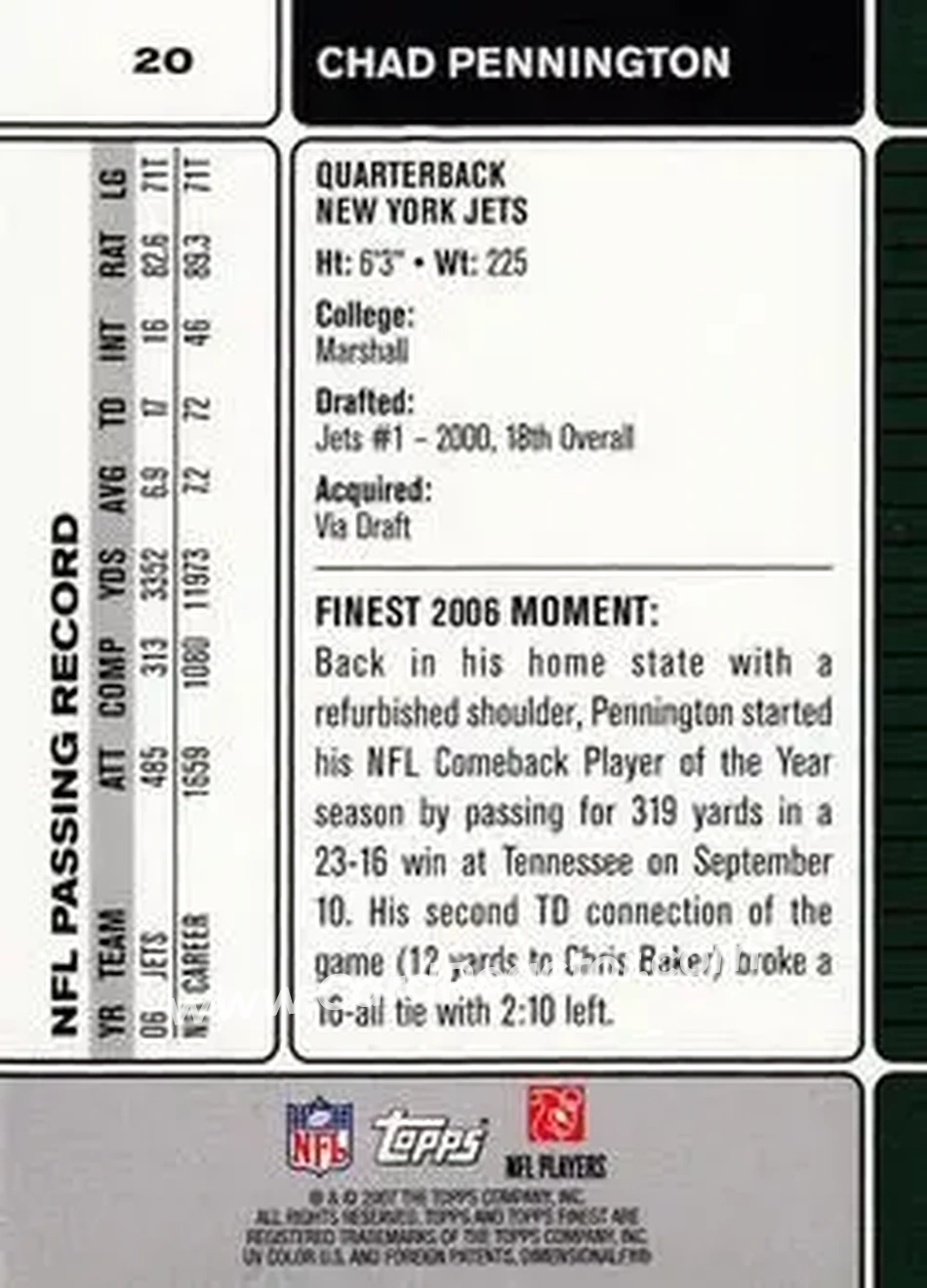 2007 Finest #20 - Chad Pennington - New York Jets - Back