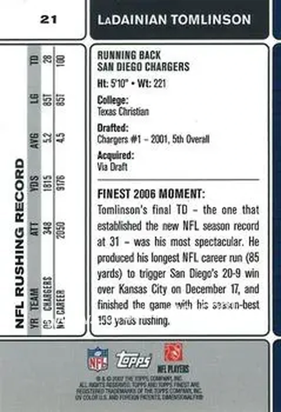 2007 Finest #21 - LaDainian Tomlinson - San Diego Chargers - Back