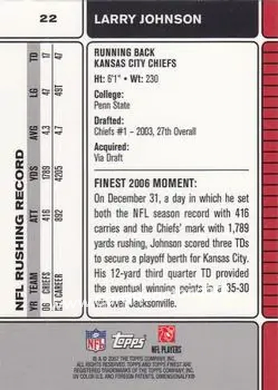 2007 Finest #22 - Larry Johnson - Kansas City Chiefs - Back
