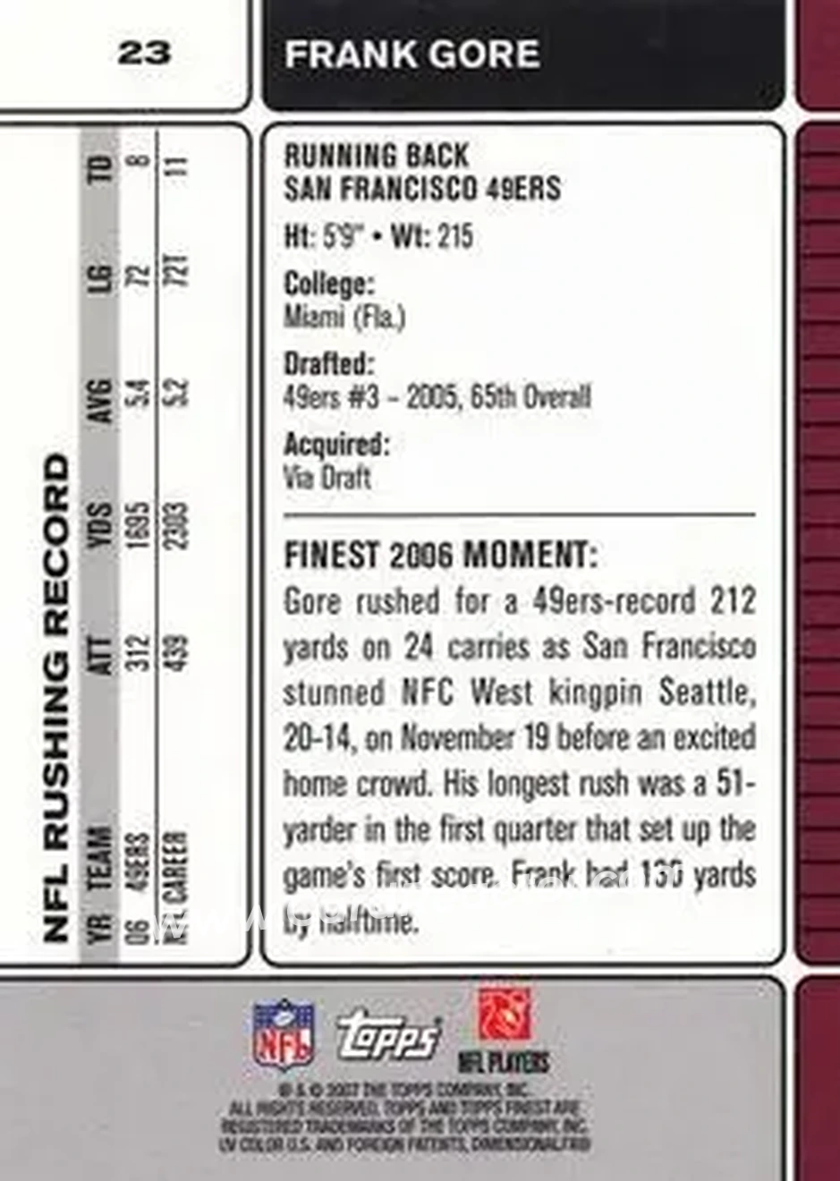 2007 Finest #23 - Frank Gore - San Francisco 49ers - Back
