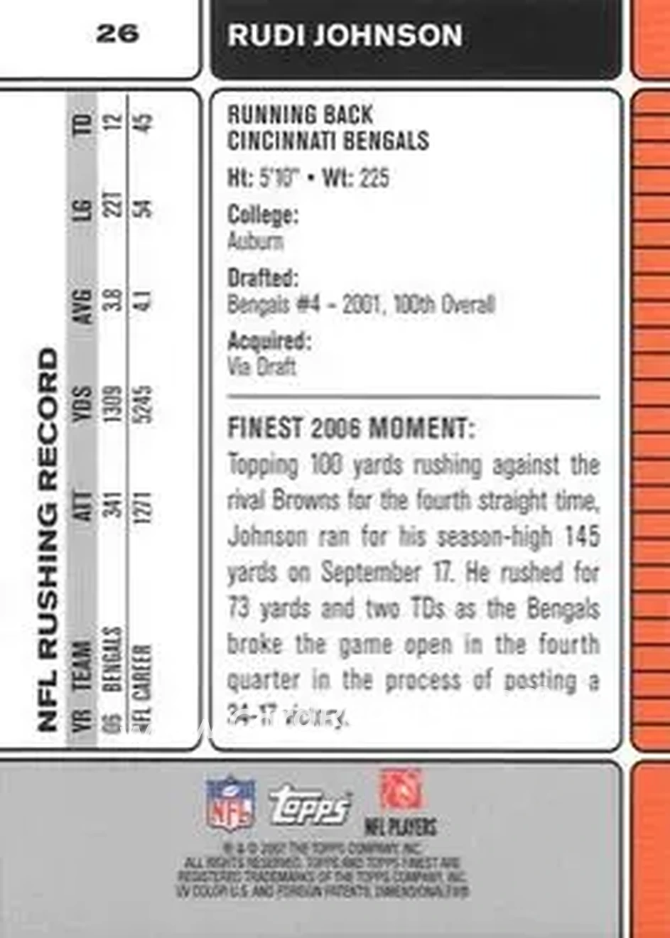 2007 Finest #26 - Rudi Johnson - Cincinnati Bengals - Back