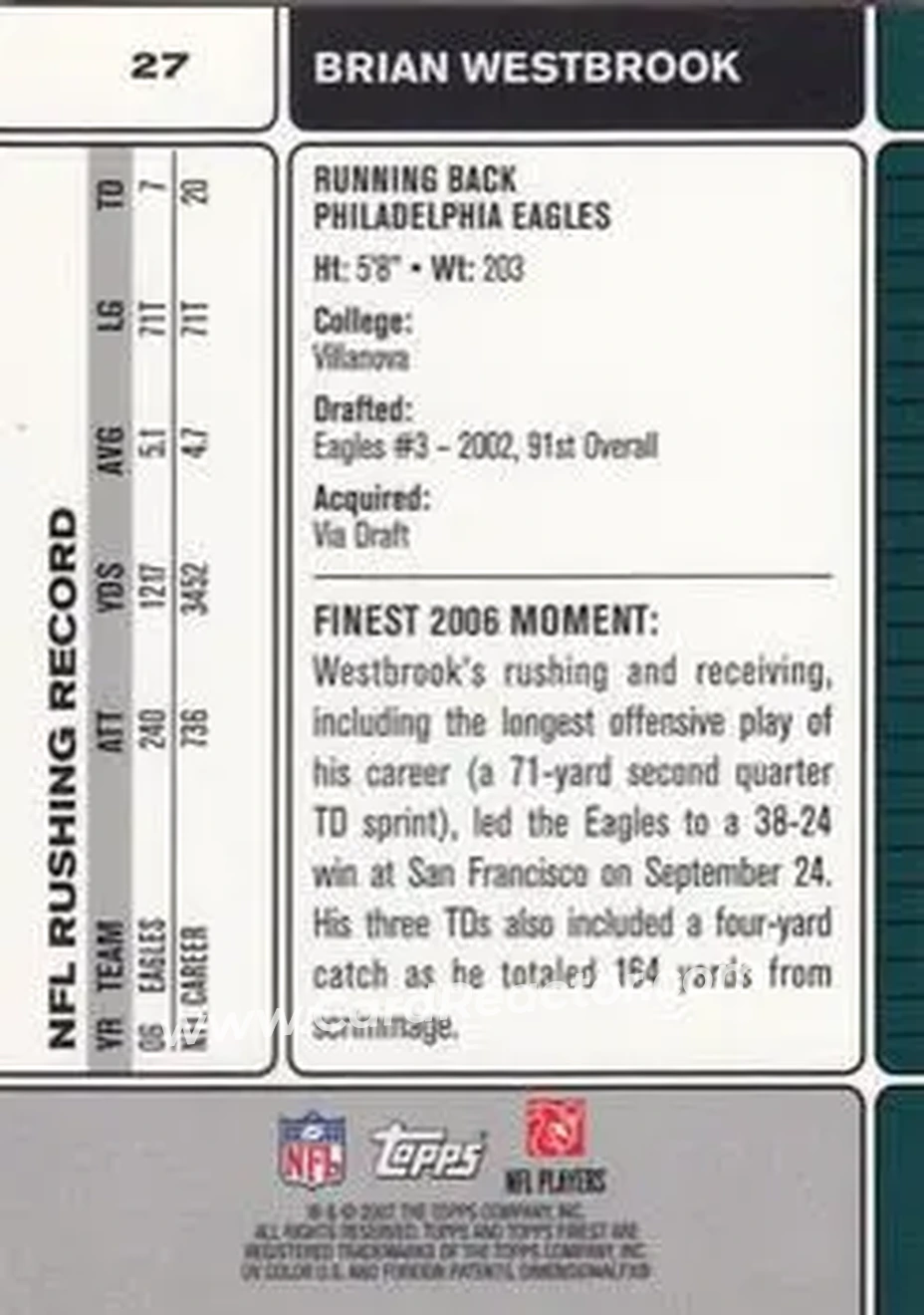 2007 Finest #27 - Brian Westbrook - Philadelphia Eagles - Back
