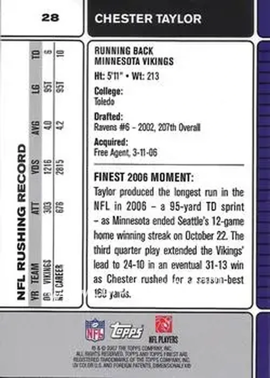 2007 Finest #28 - Chester Taylor - Minnesota Vikings - Back