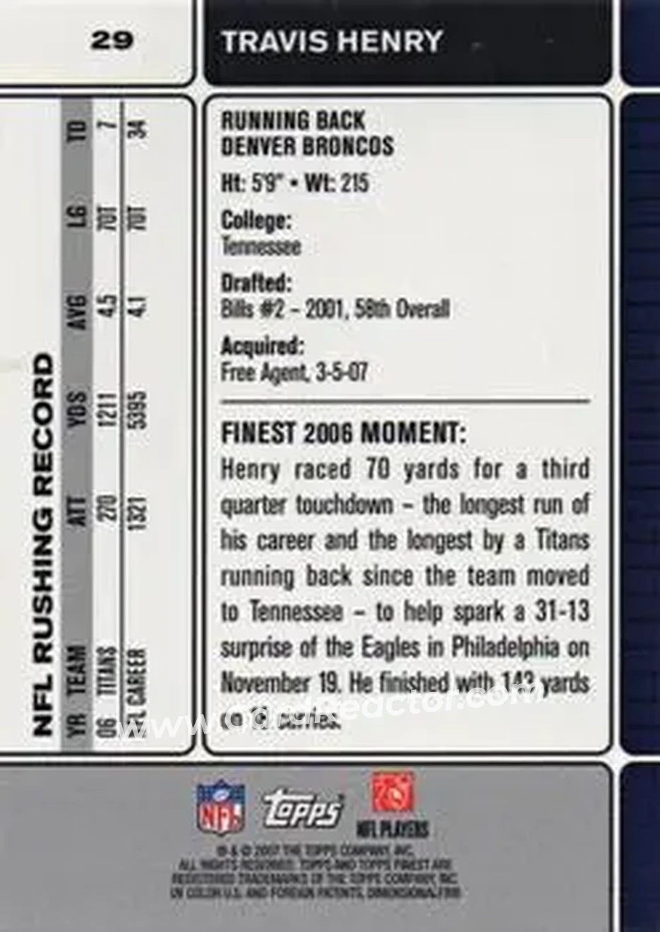2007 Finest #29 - Travis Henry - Denver Broncos - Back