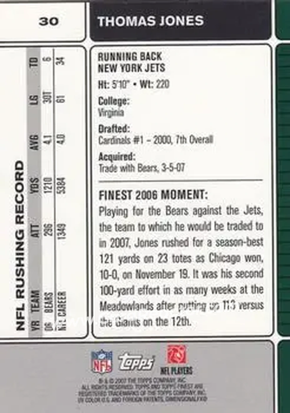 2007 Finest #30 - Thomas Jones - New York Jets - Back